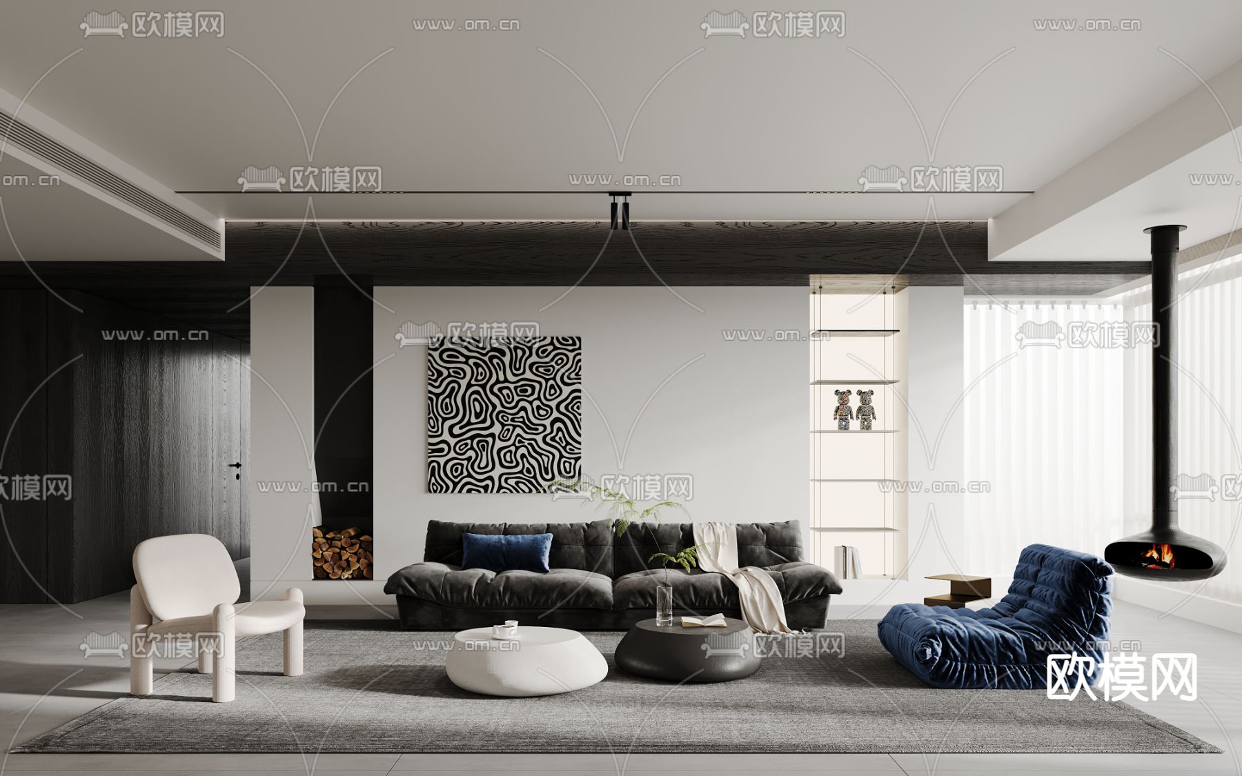 现代高级灰客厅3d模型下载（渲染图1）