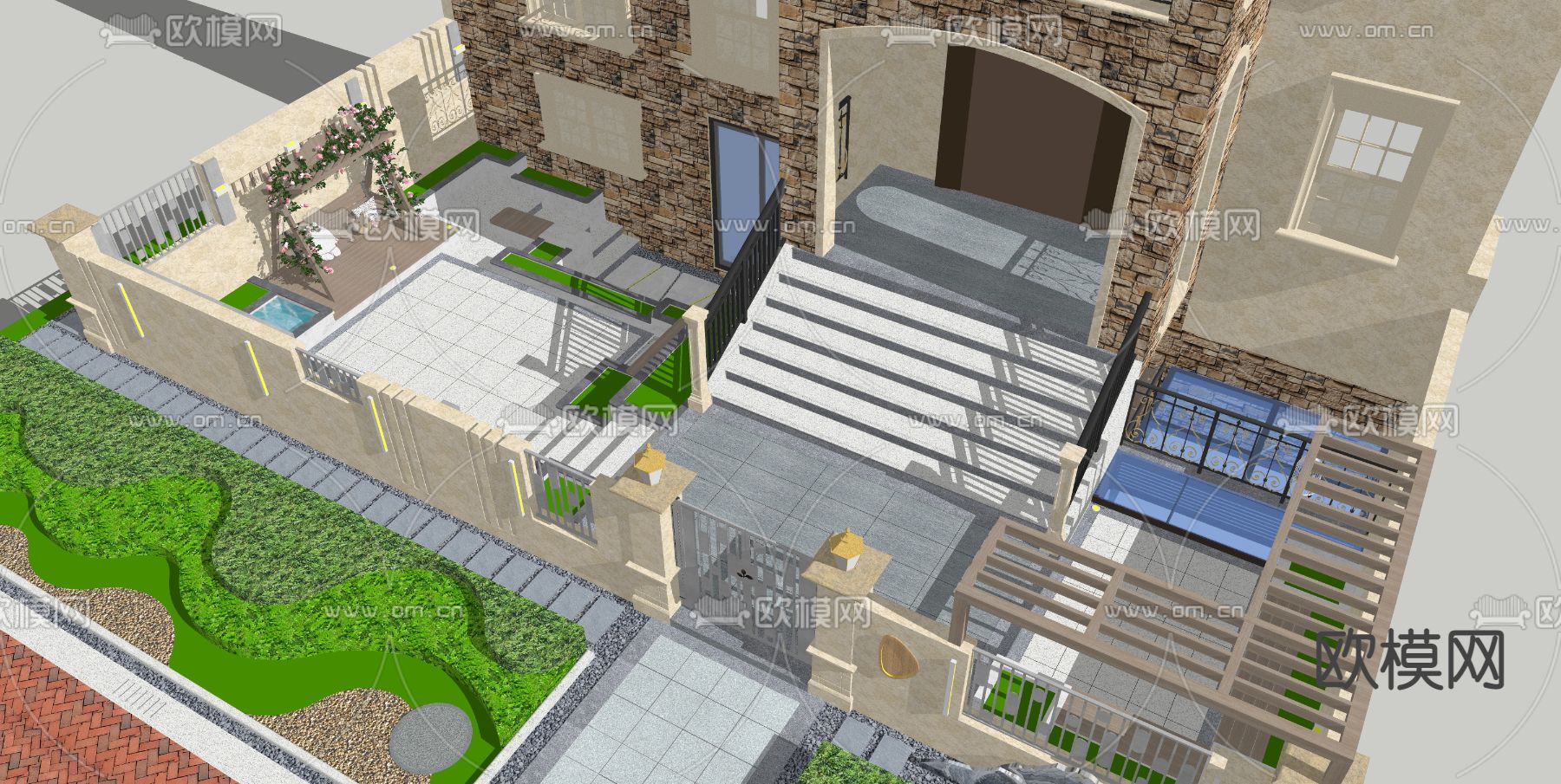 现代别墅庭院su模型下载