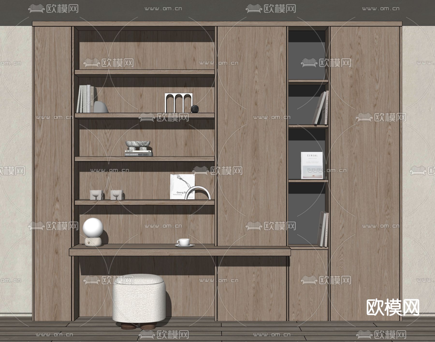 现代一体式书桌 书柜su模型下载（渲染图3）