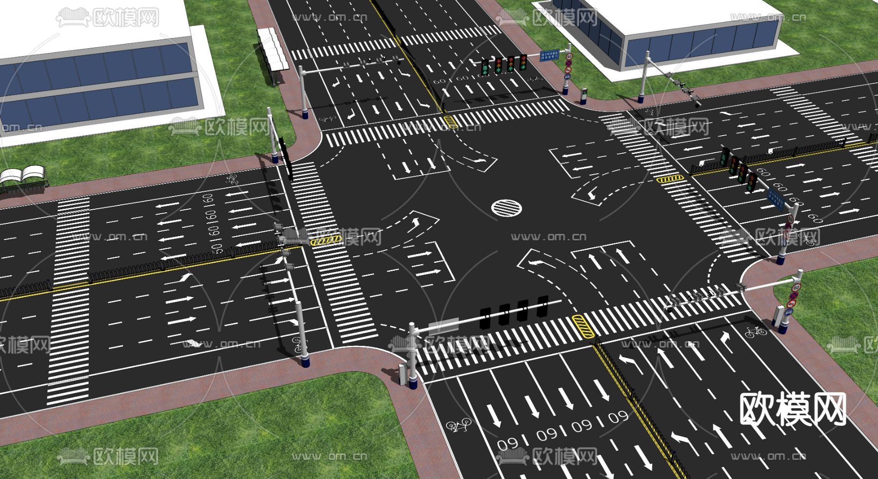 现代十字路口 马路鸟瞰su模型下载id12119593sketchup模型下载 欧模网 