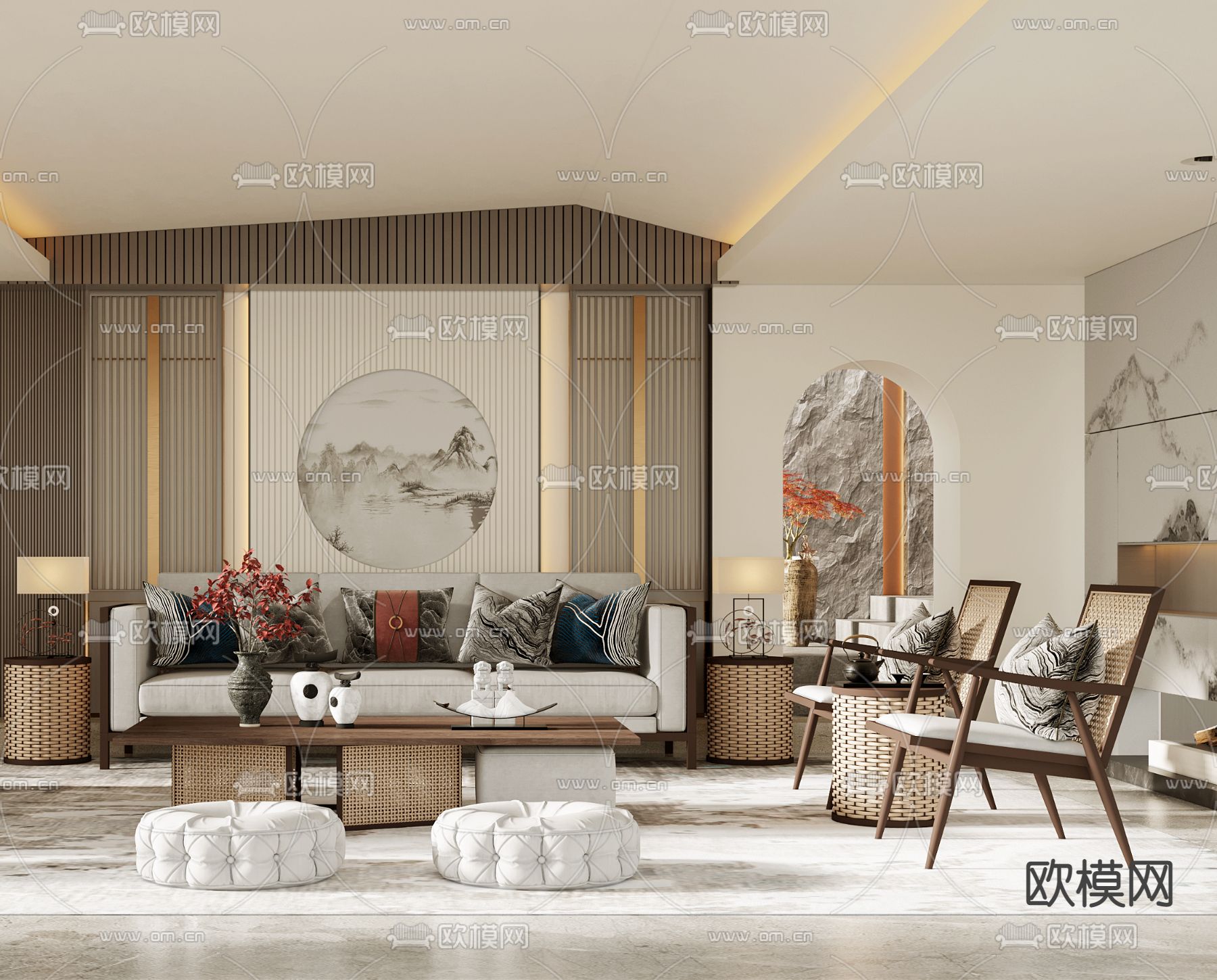 新中式客厅3d模型下载（渲染图3）