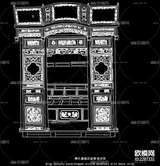 明清中式古典床cad图库下载（渲染图3）