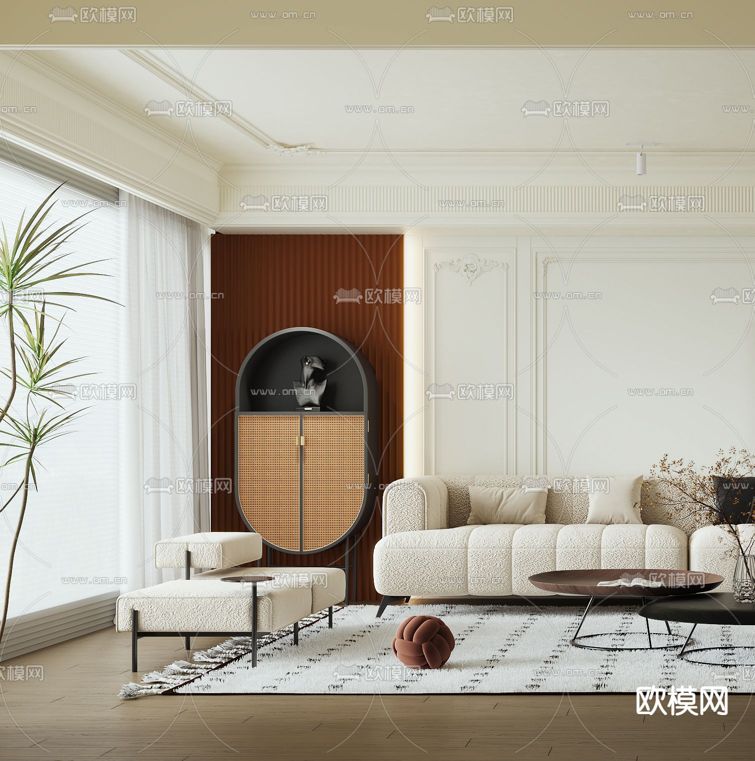 法式奶油风客厅3d模型下载（渲染图2）