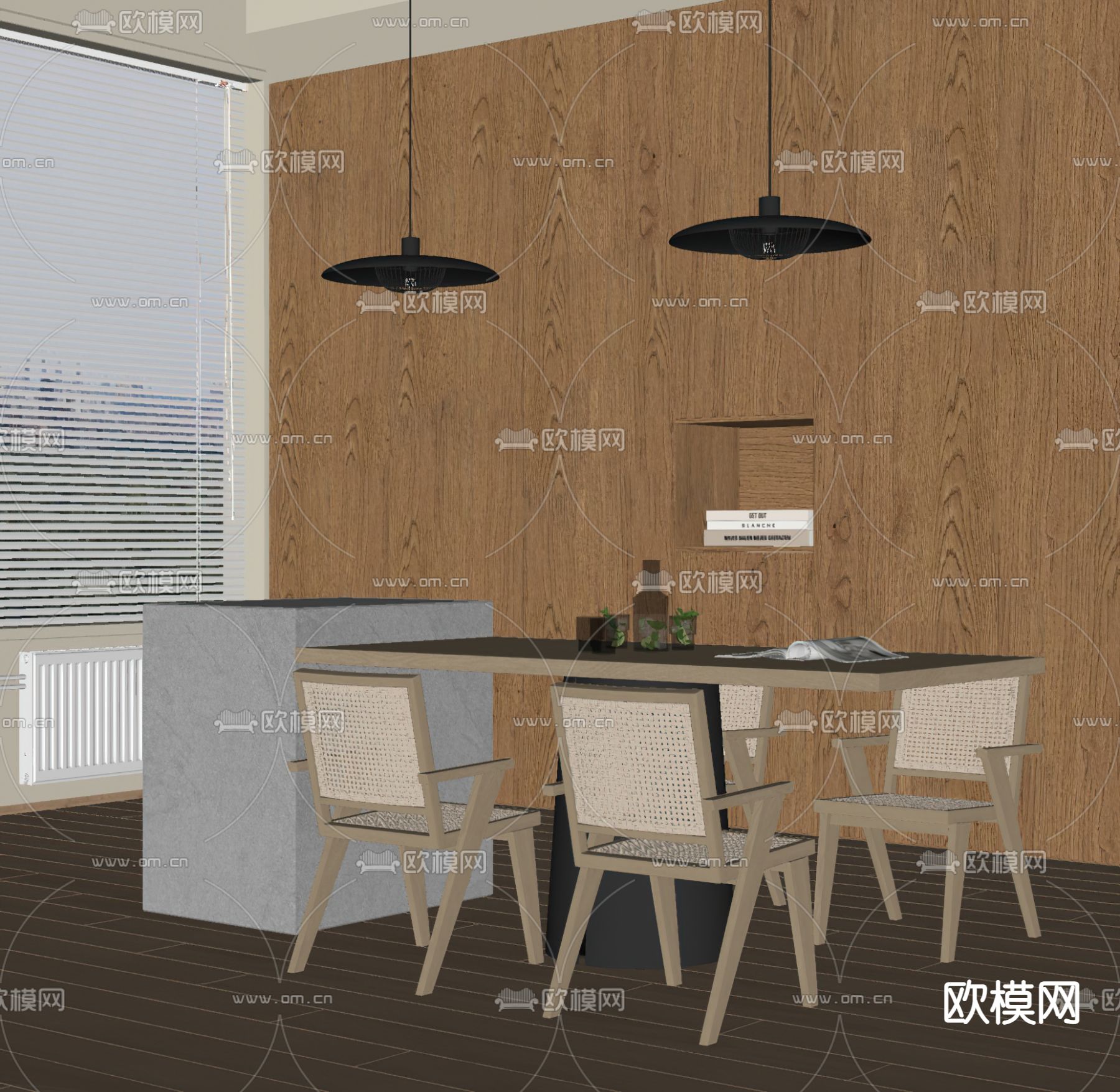 侘寂风岛台餐桌椅su模型下载（渲染图2）