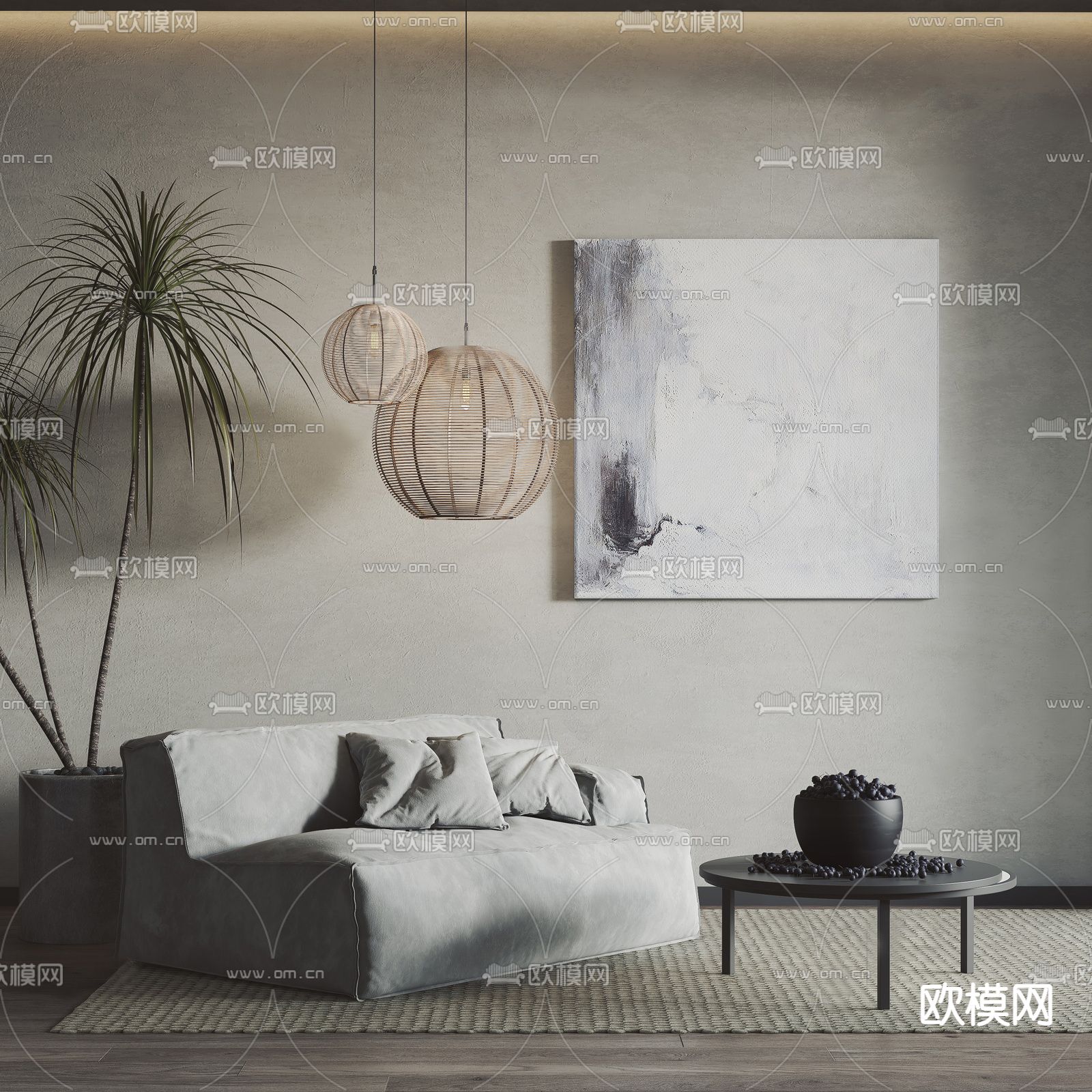 侘寂风双人懒人沙发su模型下载（渲染图1）