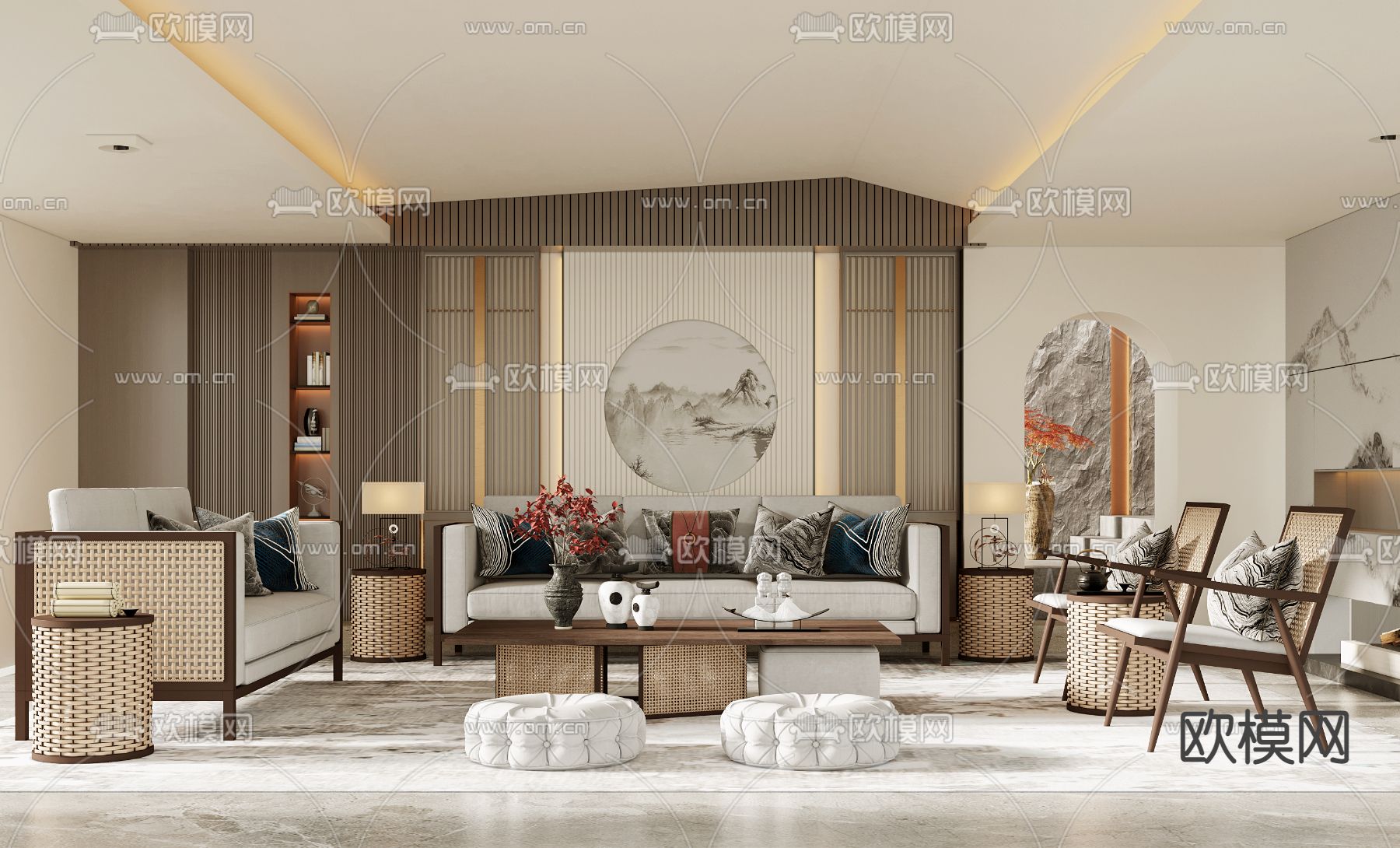 新中式客厅3d模型下载（渲染图1）