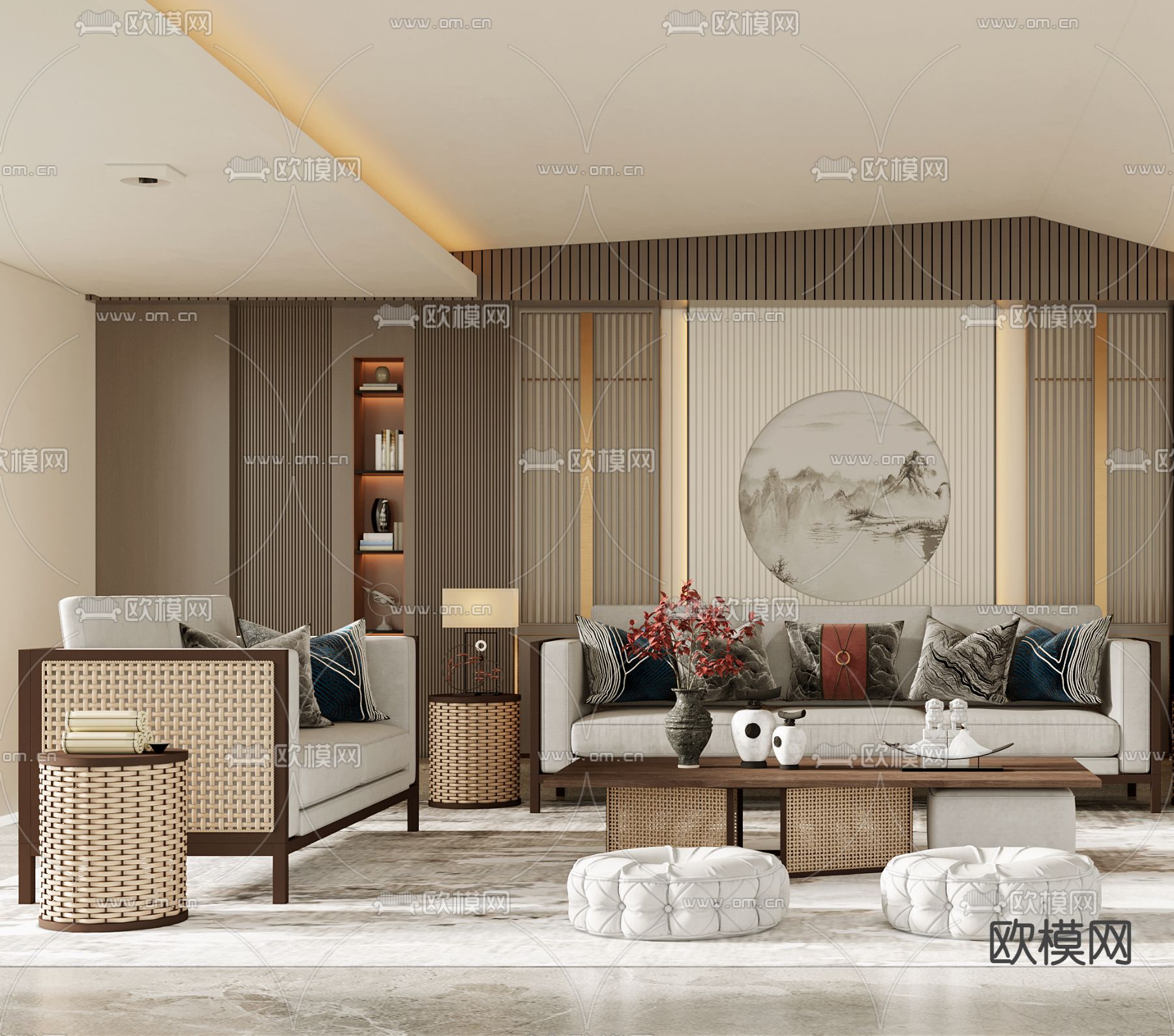 新中式客厅3d模型下载（渲染图2）