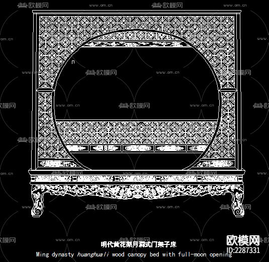 明清中式古典床cad图库下载（渲染图2）