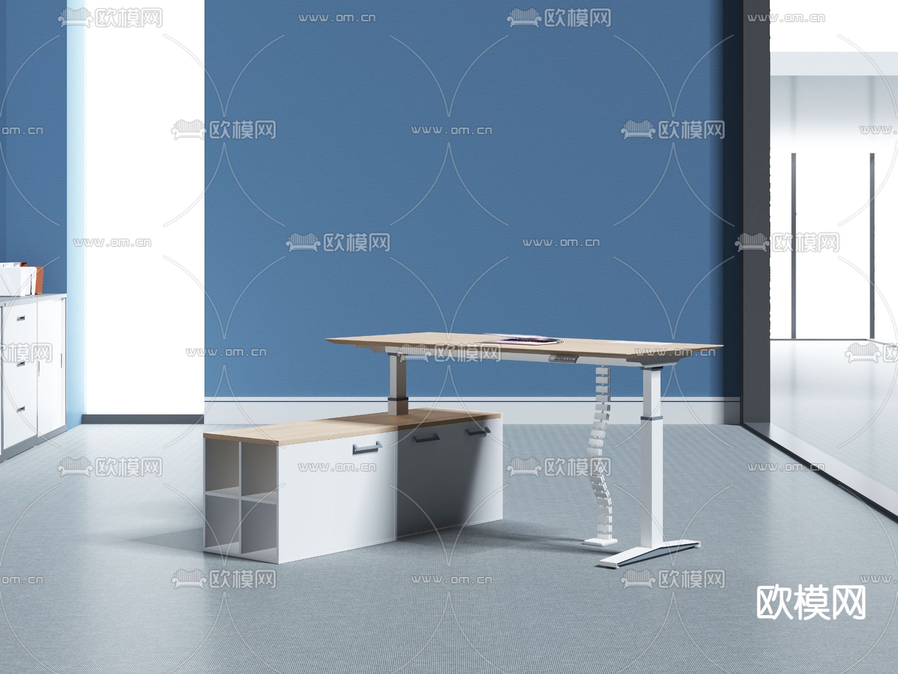 现代实木办公桌 文件柜3d模型下载