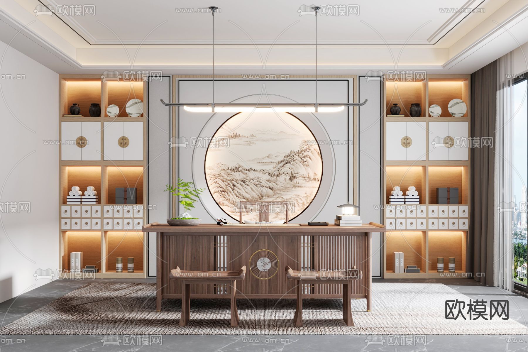 新中式轻奢书房3d模型下载