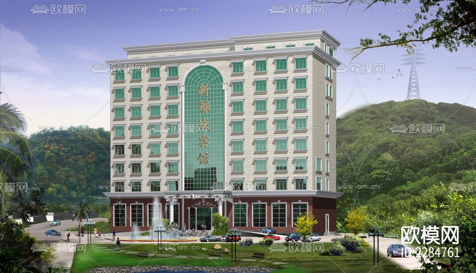 新錦城賓館建筑外觀cad施工圖下載(渲染圖1)