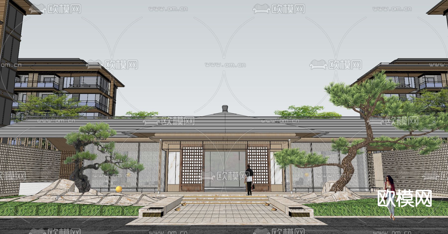 新中式下沉庭院景观su模型下载（渲染图3）