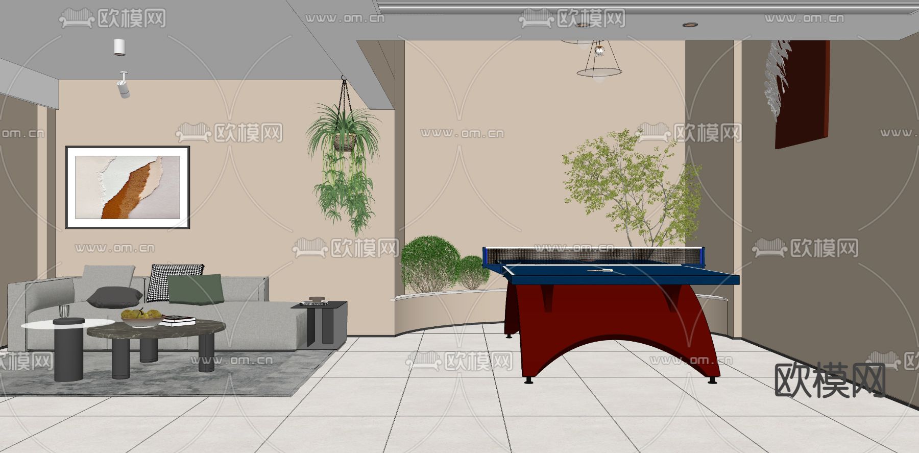 现代地下室家庭娱乐室su模型下载（渲染图2）