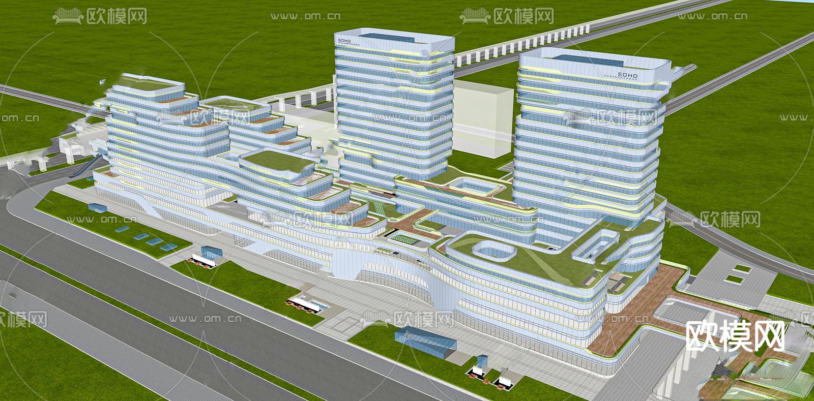 现代产业园办公楼鸟瞰su模型下载（渲染图2）