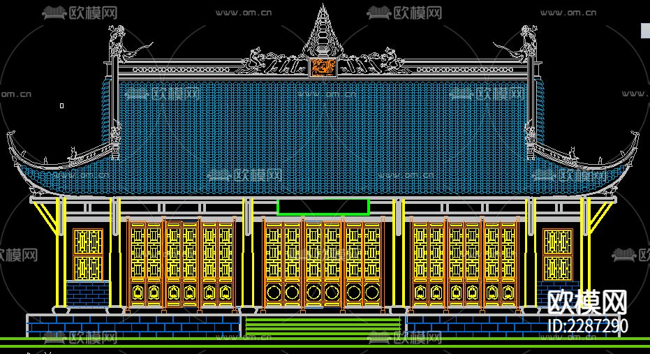古建筑cad立面图下载（渲染图4）