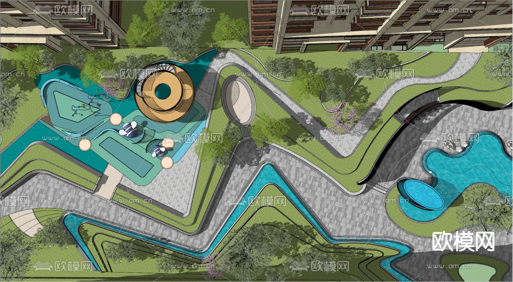 现代小区景观su模型下载（渲染图1）