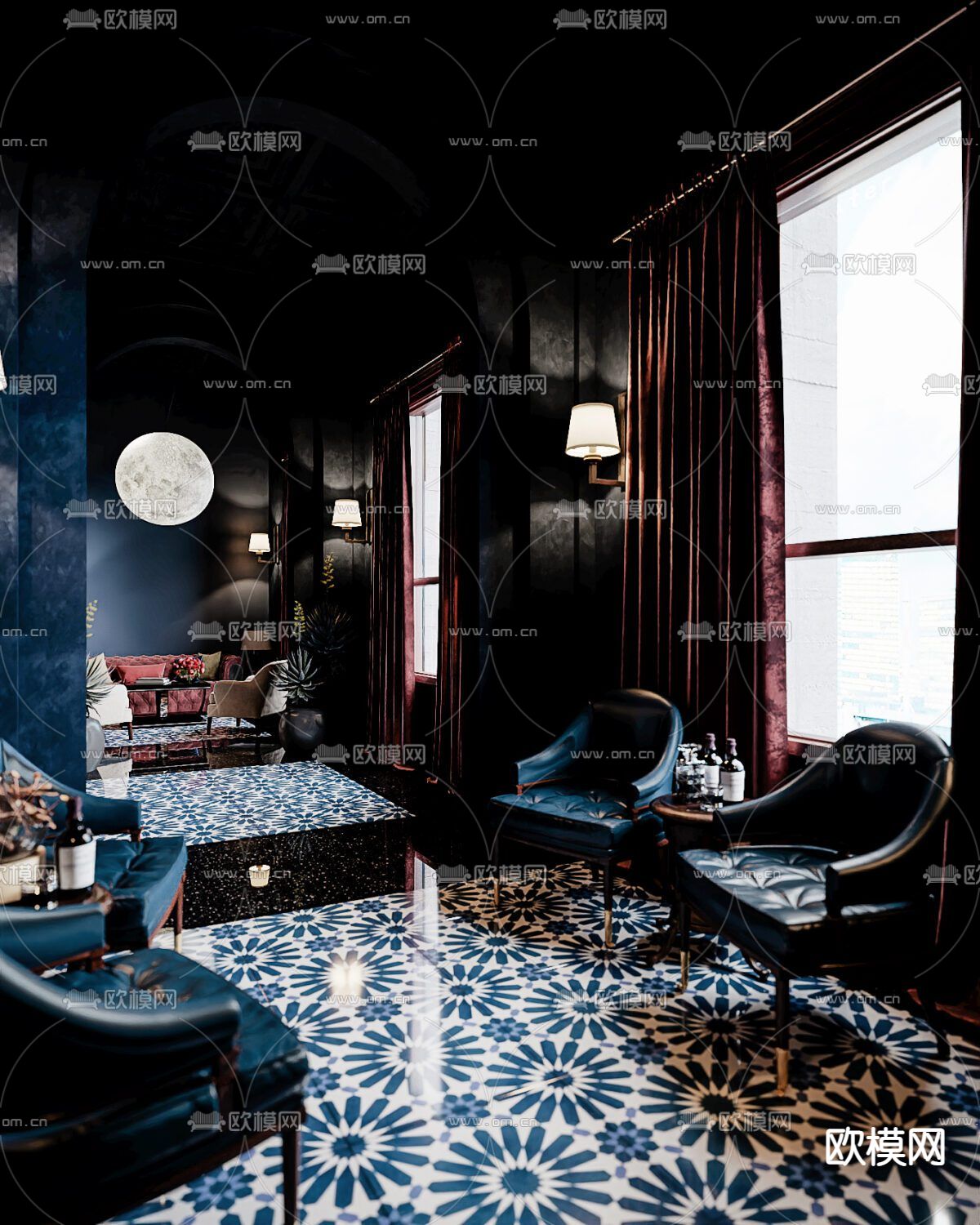 美式古典轻奢创意休闲区免费3d模型下载（渲染图1）