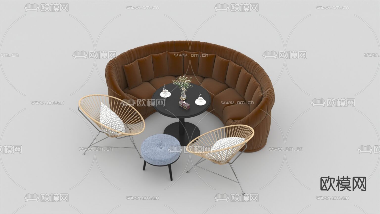现代轻奢创意皮革不锈钢绳编沙发组合免费3d模型下载