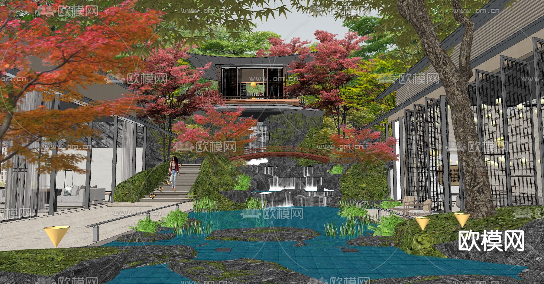 新中式下沉庭院景观su模型下载（渲染图4）