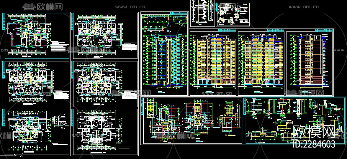 1梯四户建筑cad施工图下载（渲染图1）