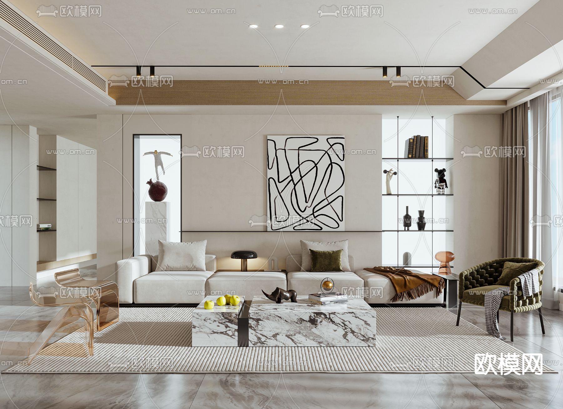 现代客厅su模型下载（渲染图1）