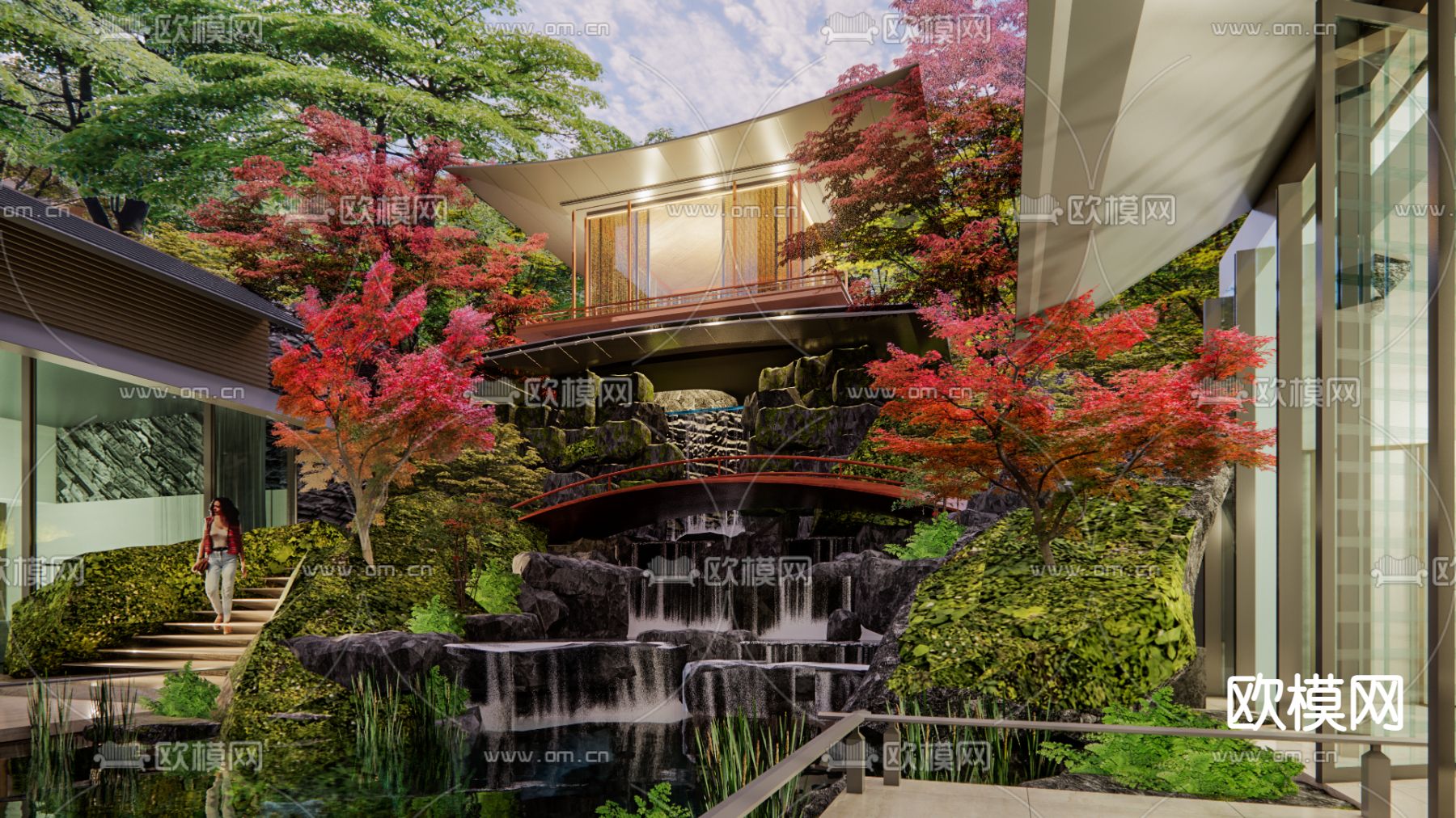 新中式下沉庭院景观su模型下载（渲染图5）