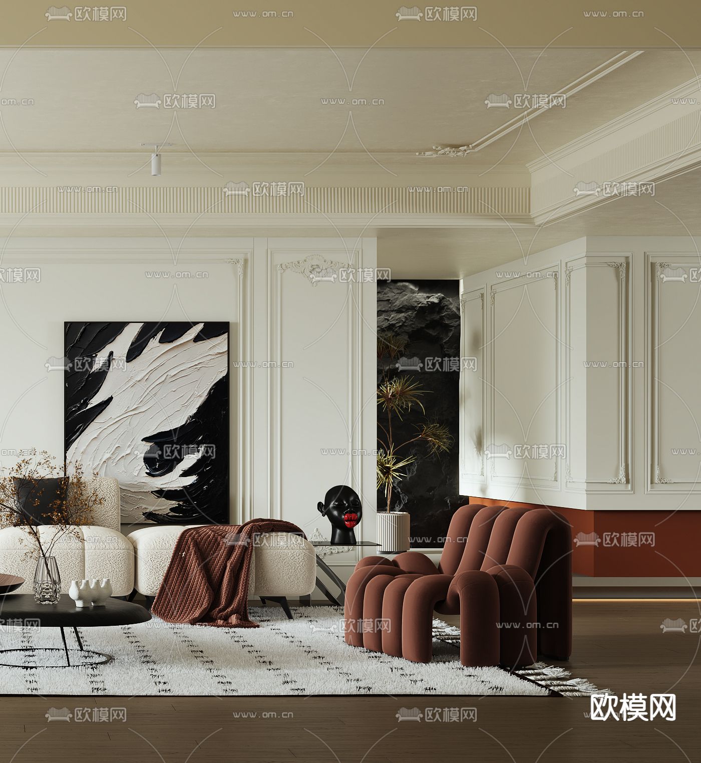 法式奶油风客厅3d模型下载（渲染图3）