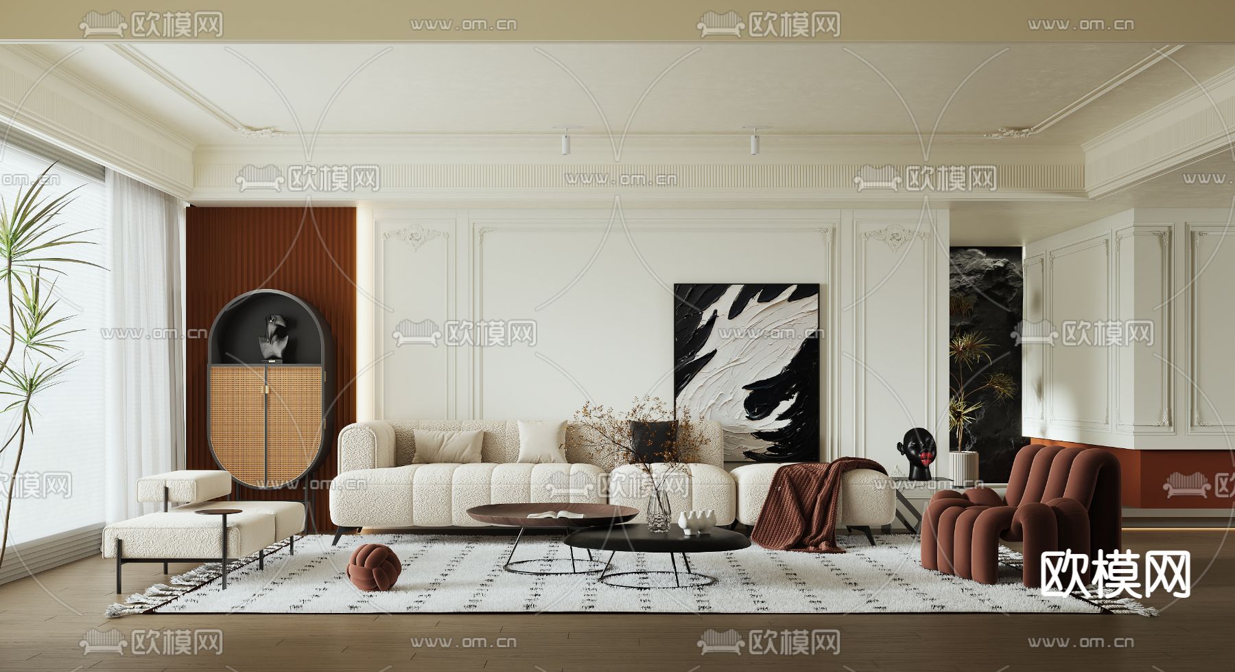 法式奶油风客厅3d模型下载（渲染图1）