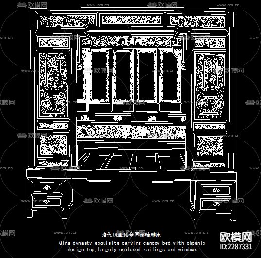 明清中式古典床cad图库下载（渲染图5）