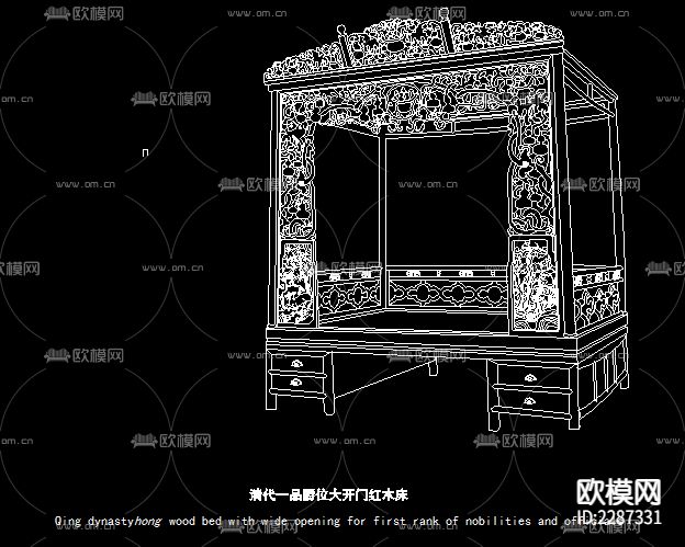 明清中式古典床cad图库下载（渲染图6）