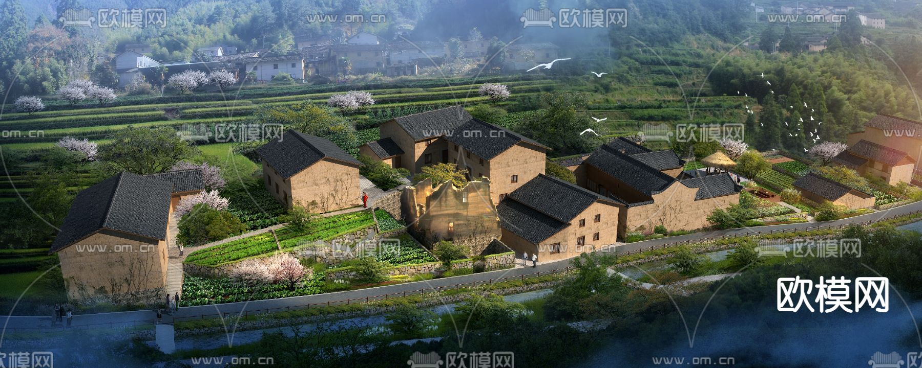 中式农村住宅外观鸟瞰psd下载