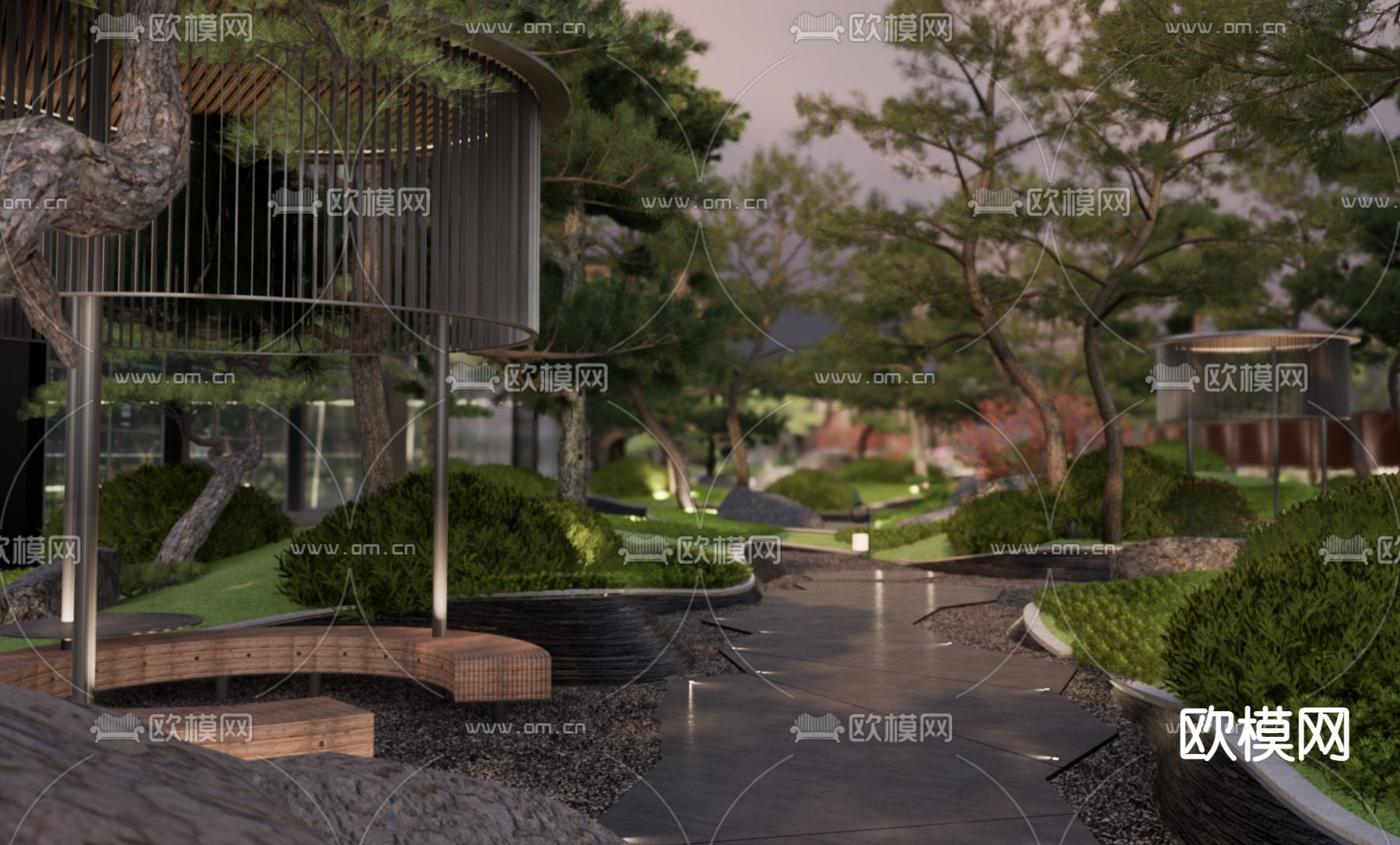 日式别墅庭院夜景su模型下载（渲染图2）