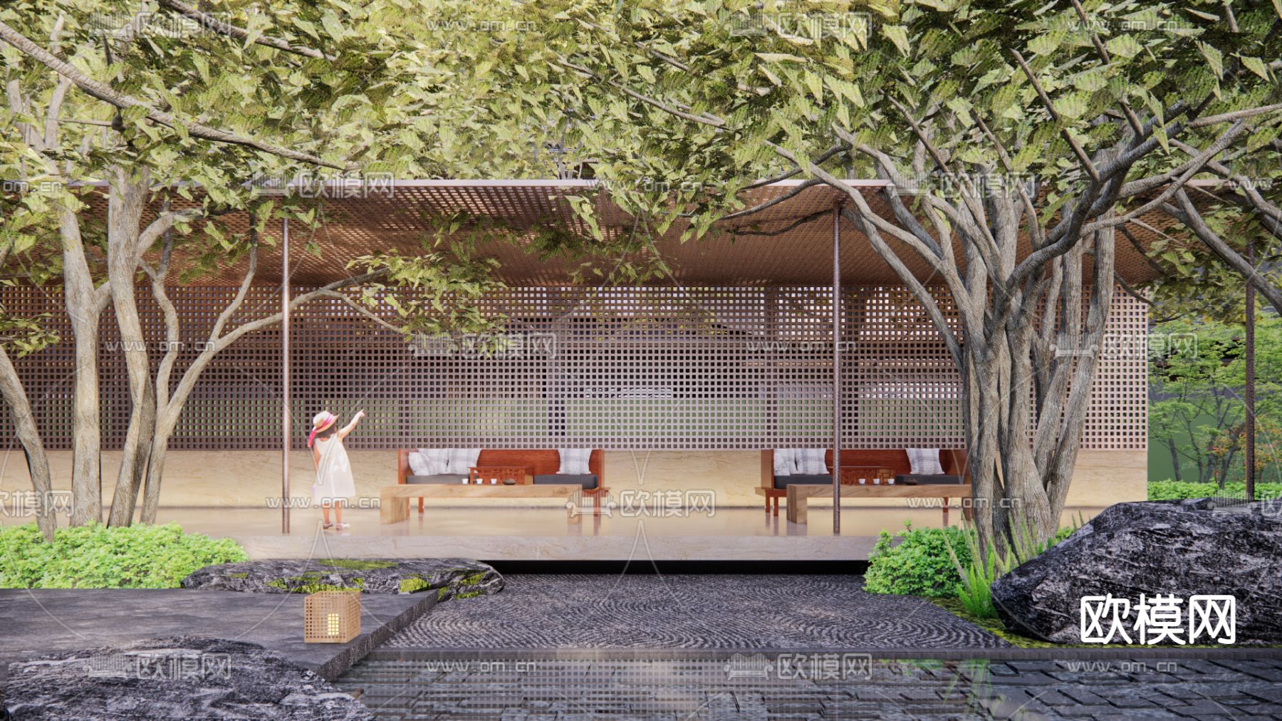 新中式下沉庭院景观su模型下载（渲染图6）