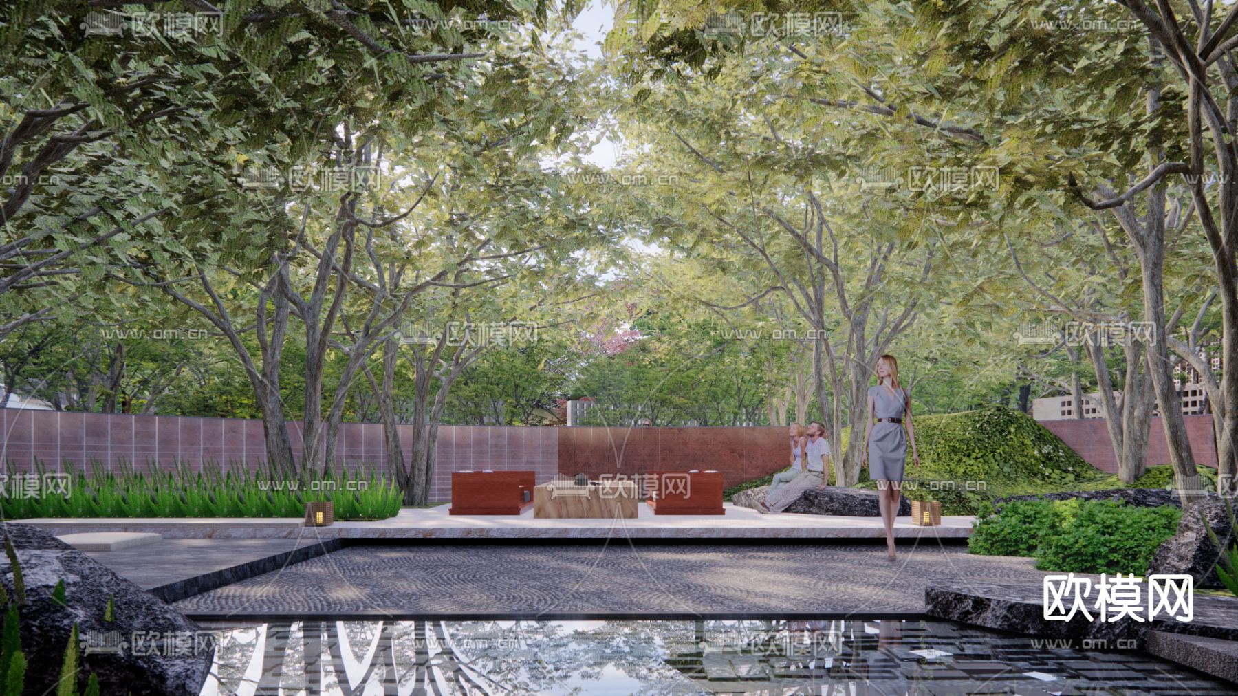新中式下沉庭院景观su模型下载（渲染图7）