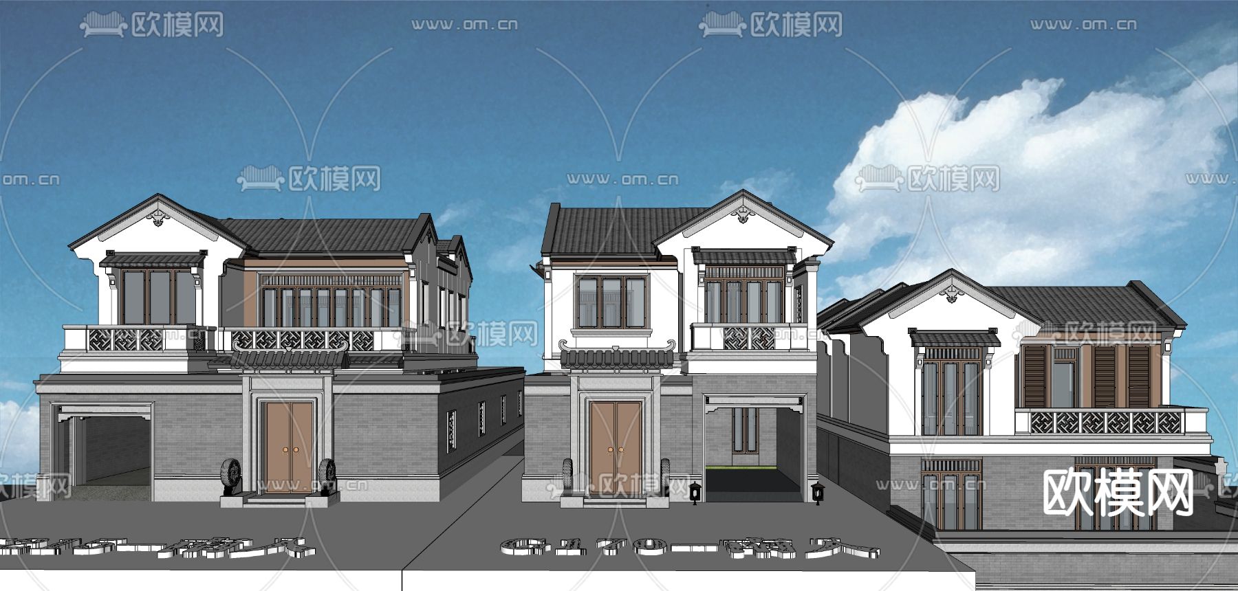 新中式联排别墅外观su模型下载_ID12114924_sketchup模型下载-欧模网