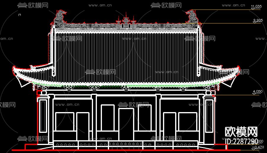 古建筑cad立面图下载（渲染图2）