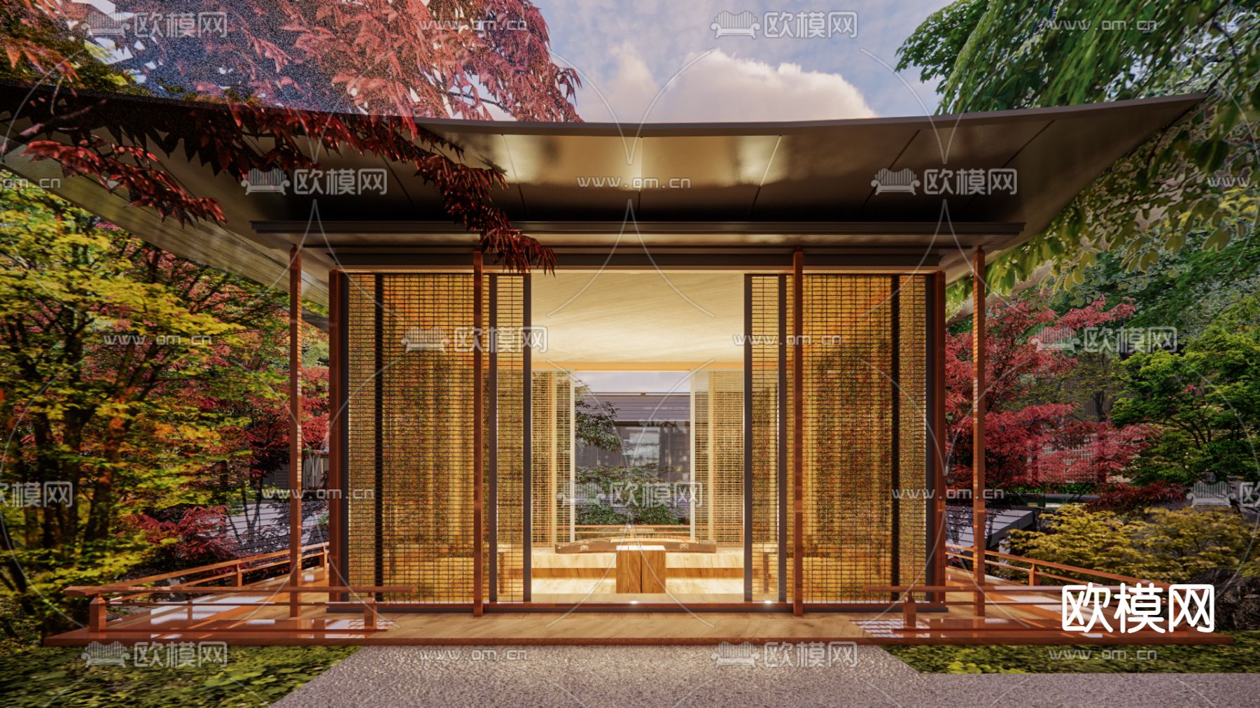 新中式下沉庭院景观su模型下载（渲染图2）