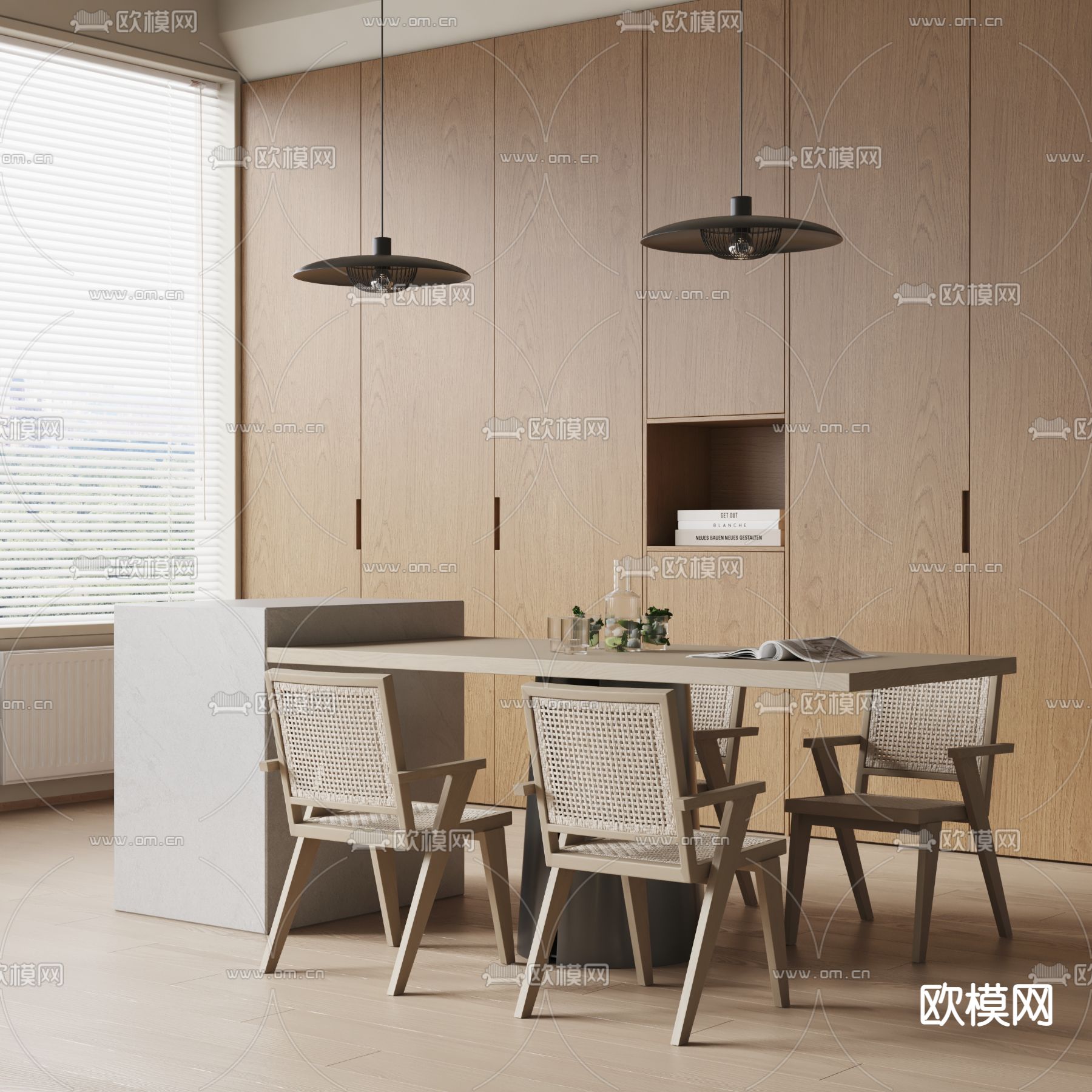 侘寂风岛台餐桌椅su模型下载（渲染图1）