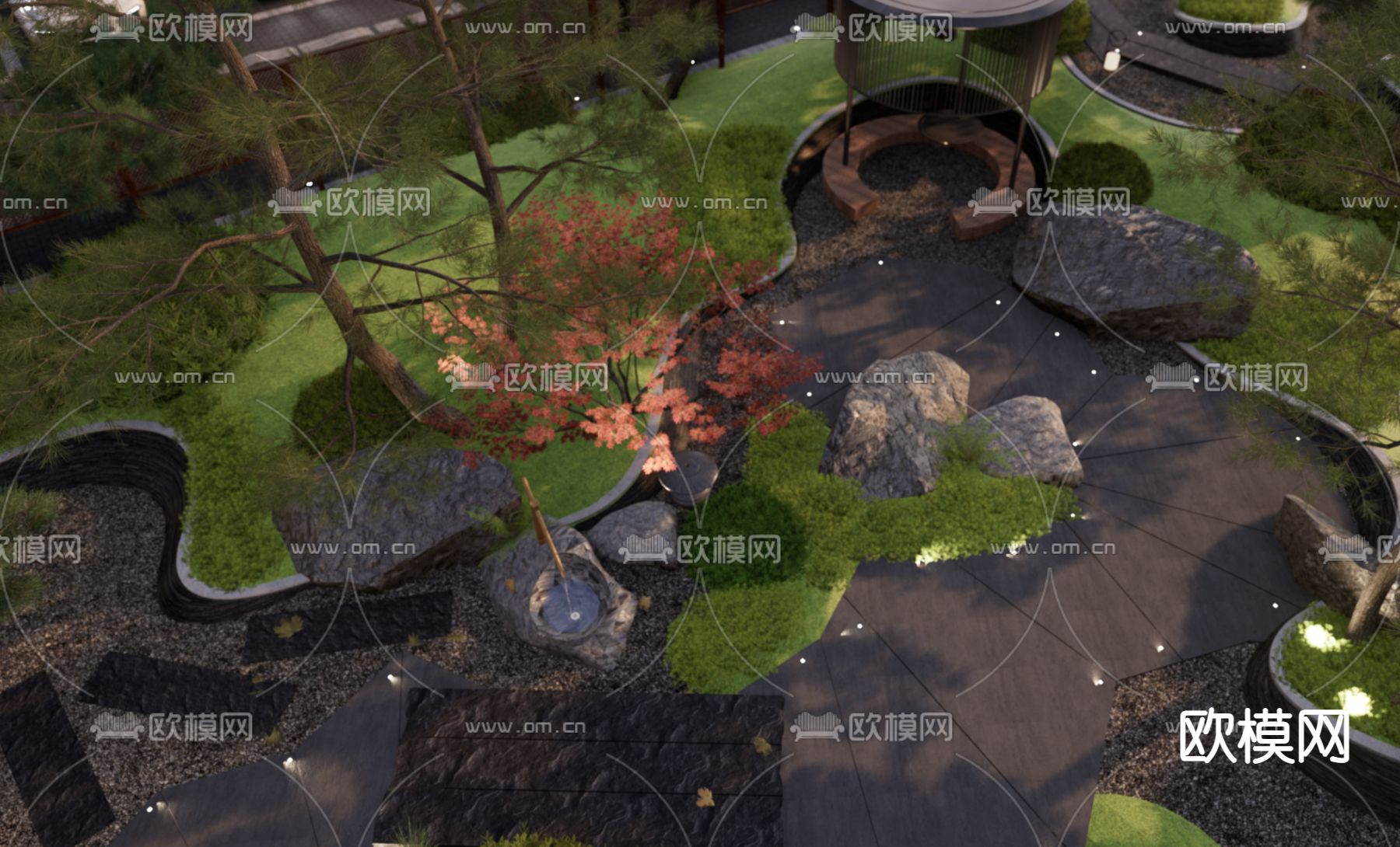 日式别墅庭院夜景su模型下载（渲染图3）