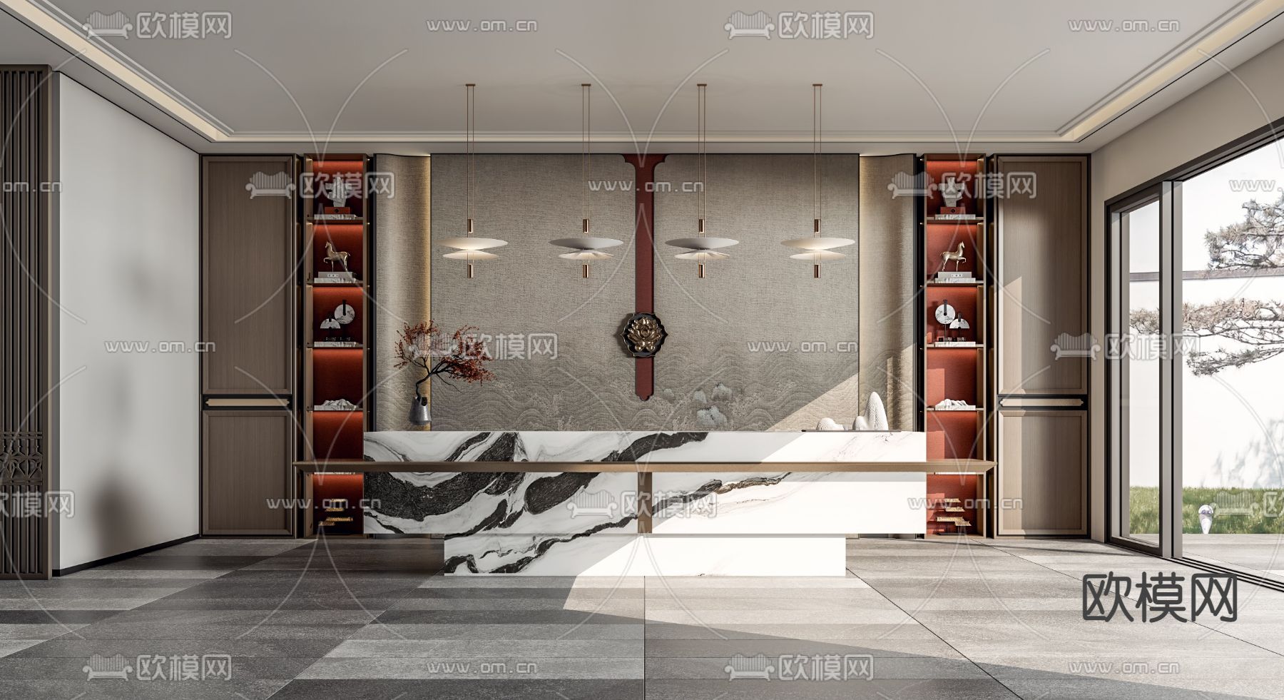 新中式前台 接待台 服务台su模型下载（渲染图1）