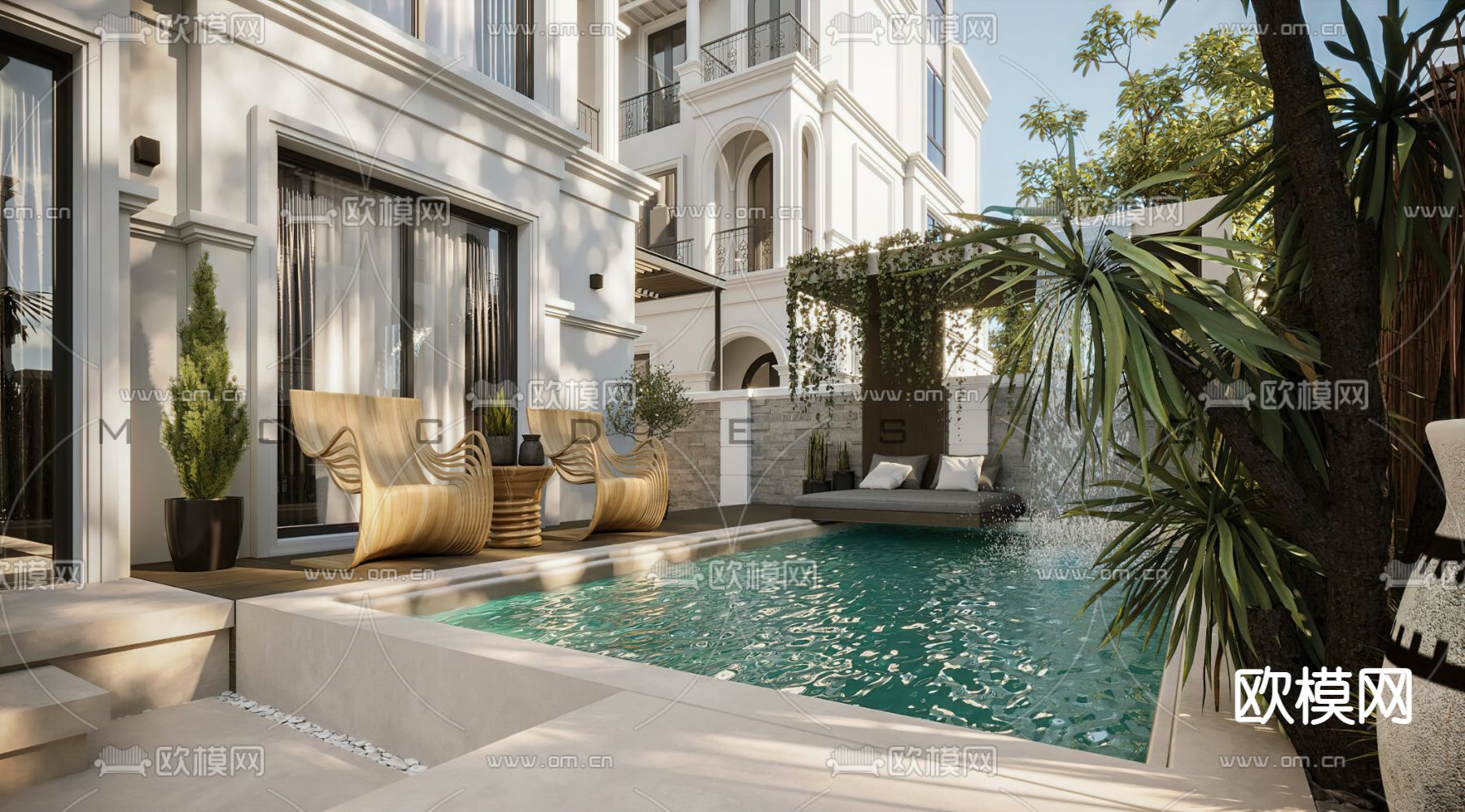 简欧别墅庭院花园3d模型下载