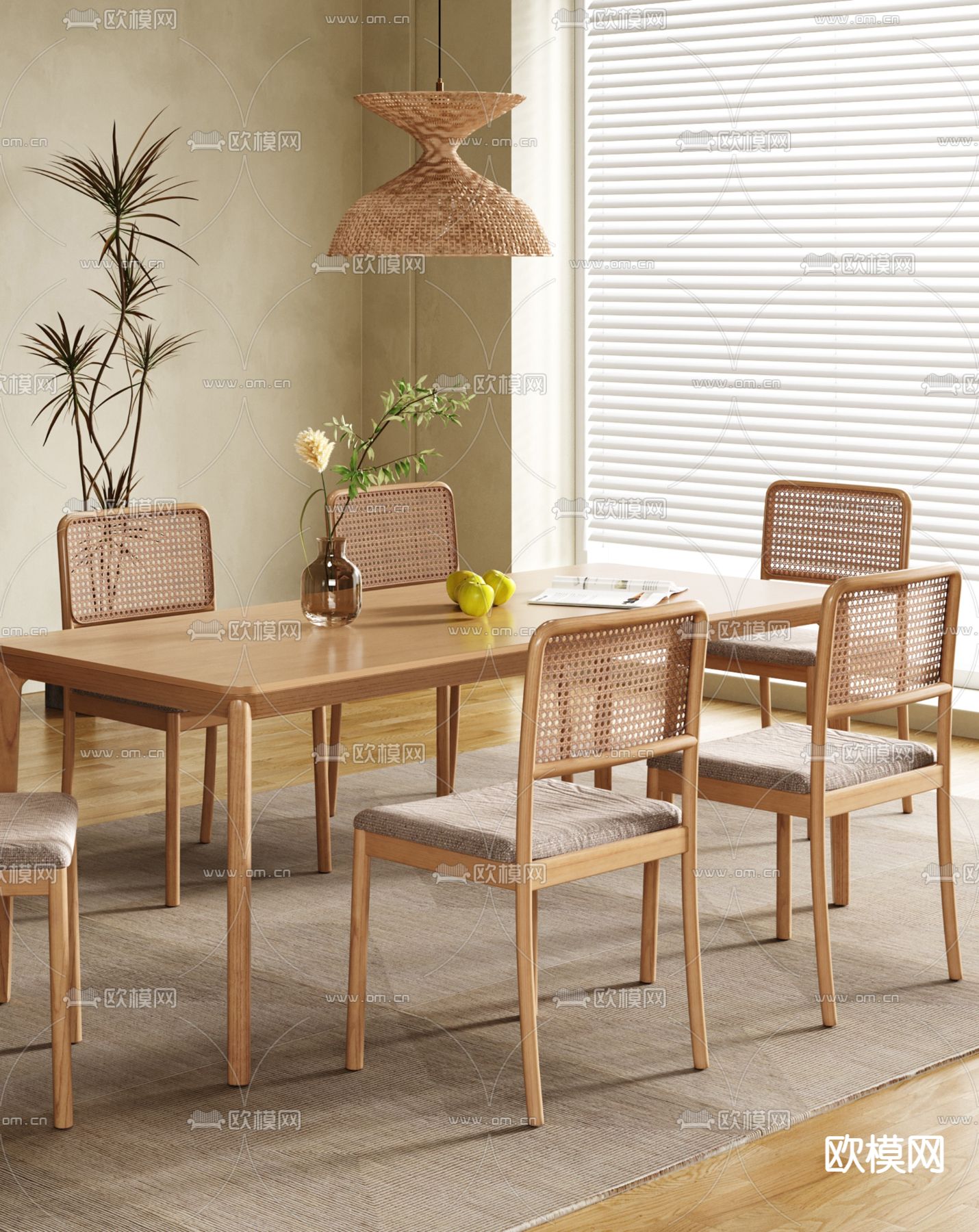 侘寂原木餐桌椅3d模型下载（渲染图2）