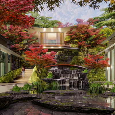  新中式下沉庭院景观su模型 