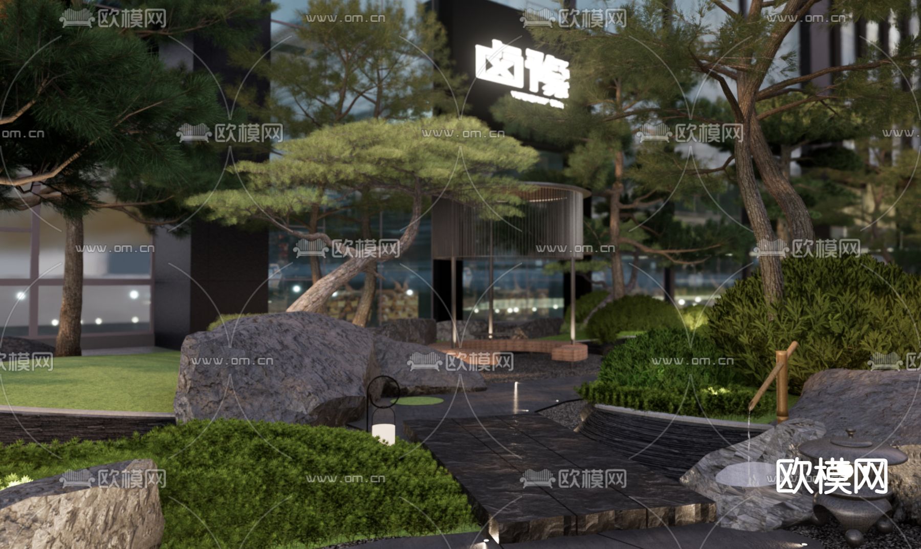 日式别墅庭院夜景su模型下载（渲染图6）