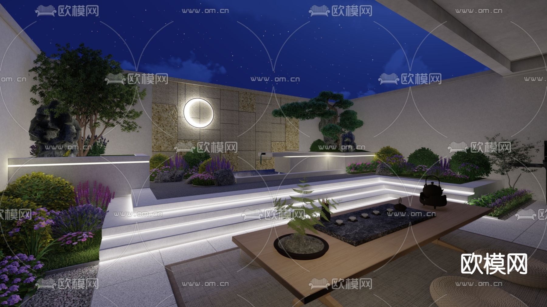 现代别墅下沉庭院景观su模型下载（渲染图1）