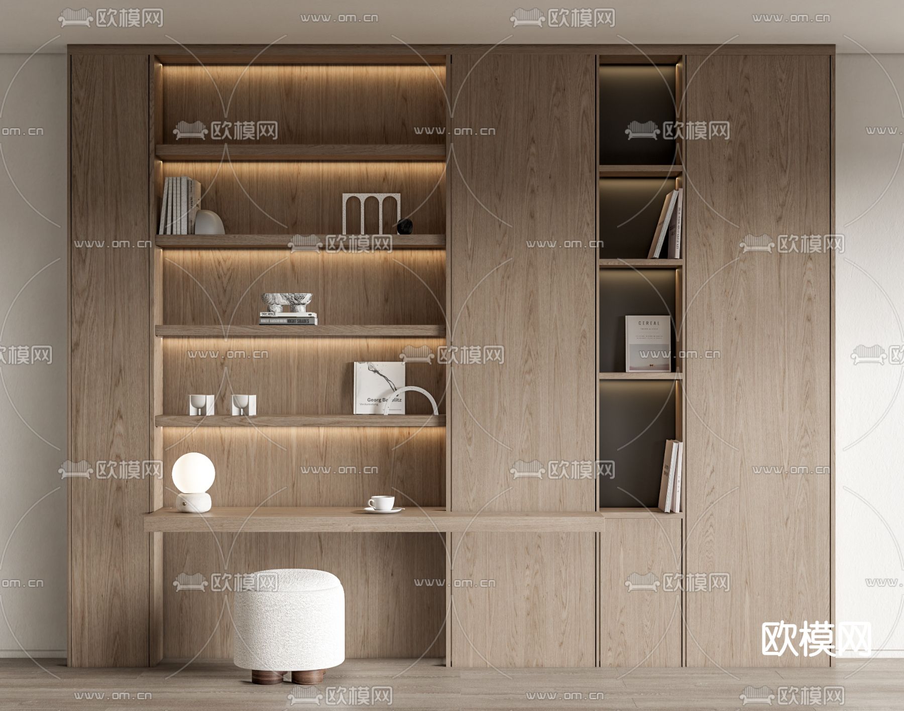 现代一体式书桌 书柜su模型下载（渲染图1）