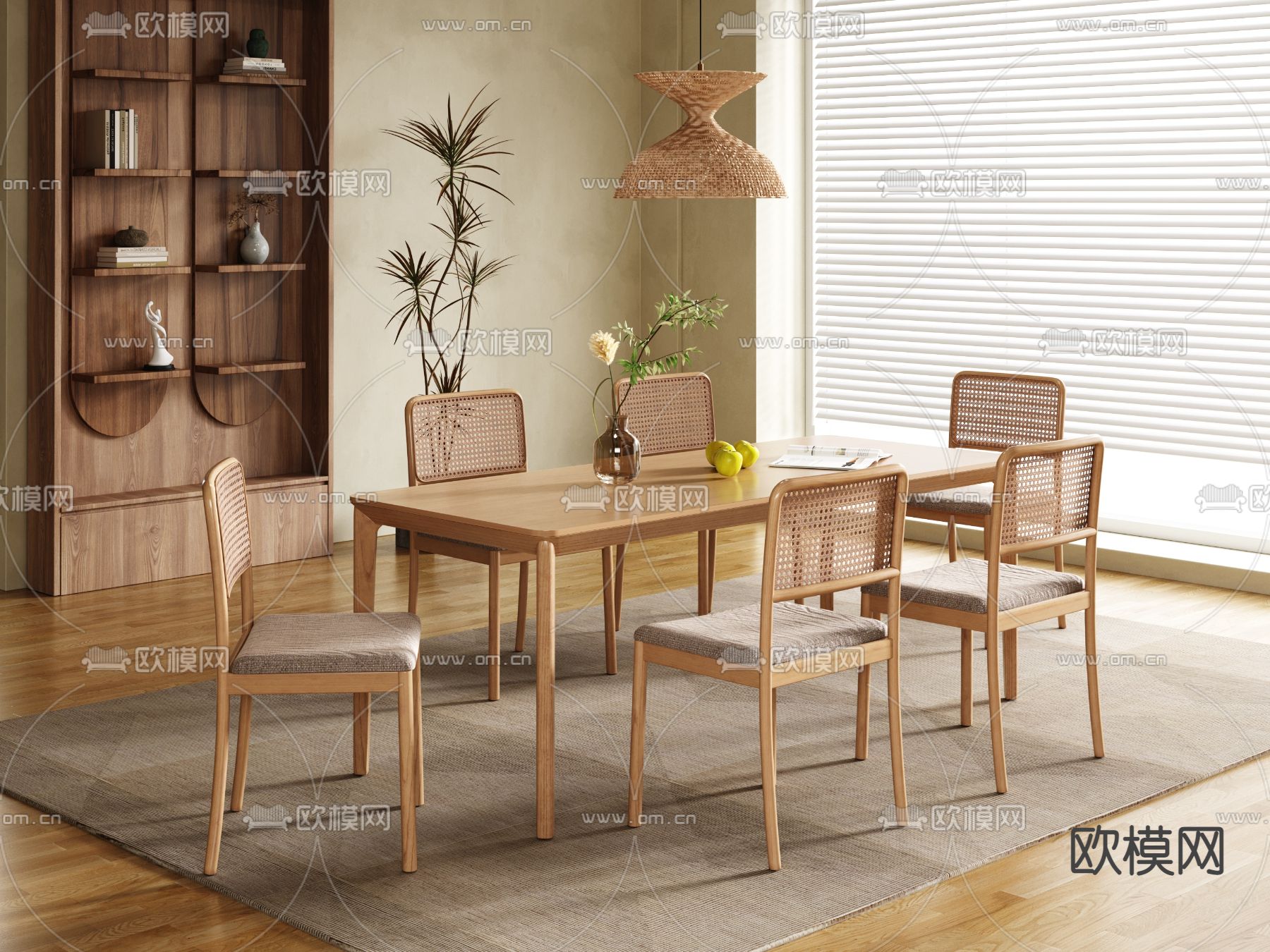 侘寂原木餐桌椅3d模型下载（渲染图1）