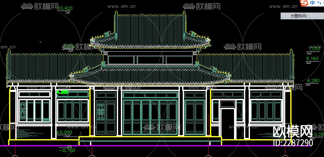 古建筑cad立面图下载（渲染图1）