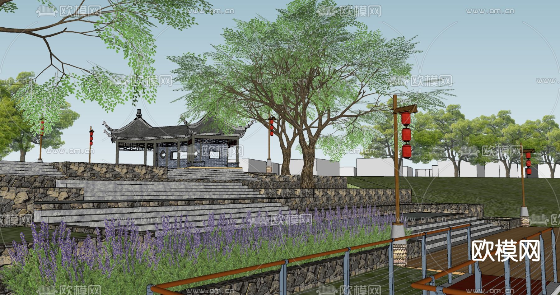 新中式城市滨水公园景观su模型下载（渲染图1）