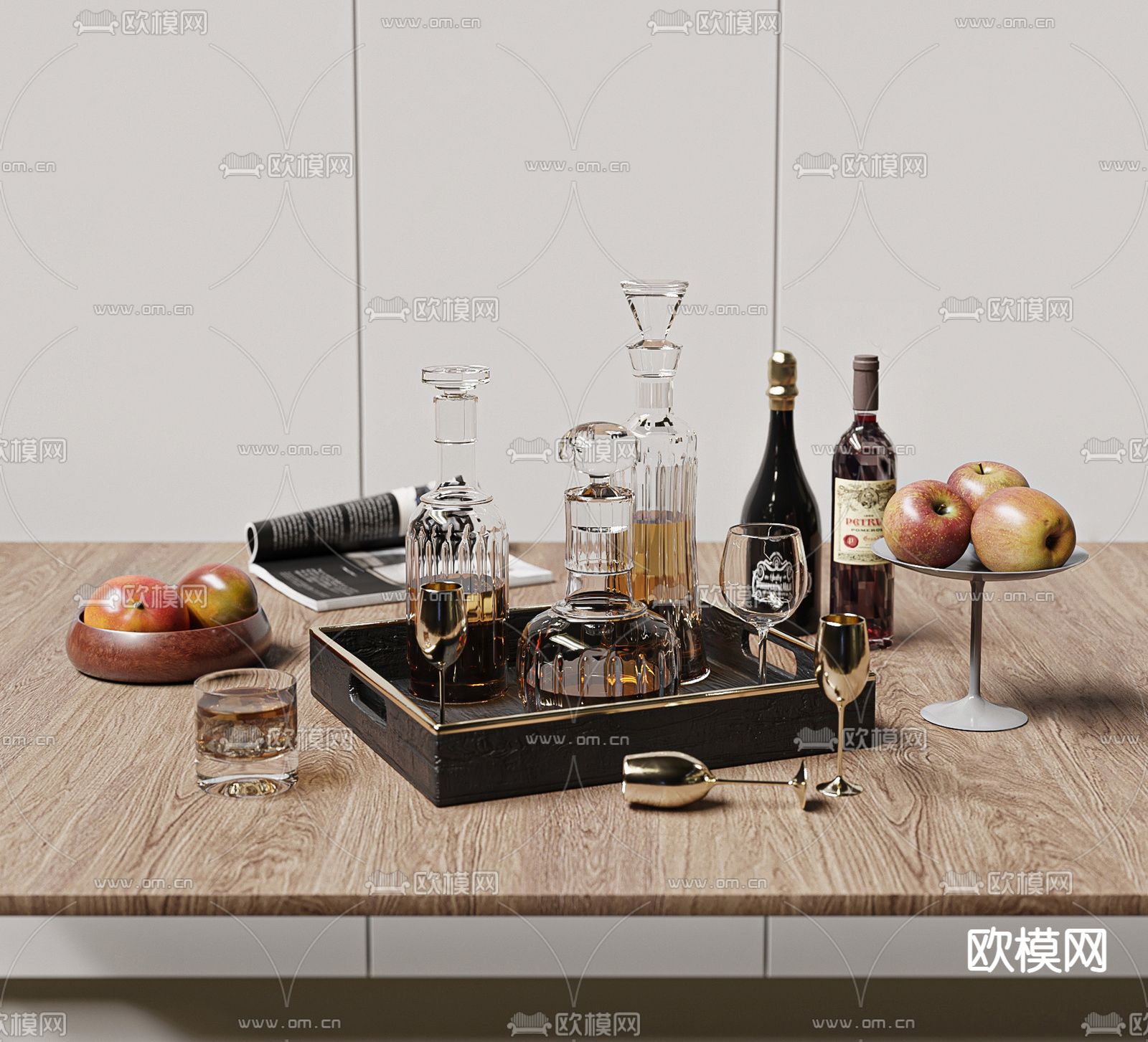 现代酒杯 酒瓶 果盘su模型